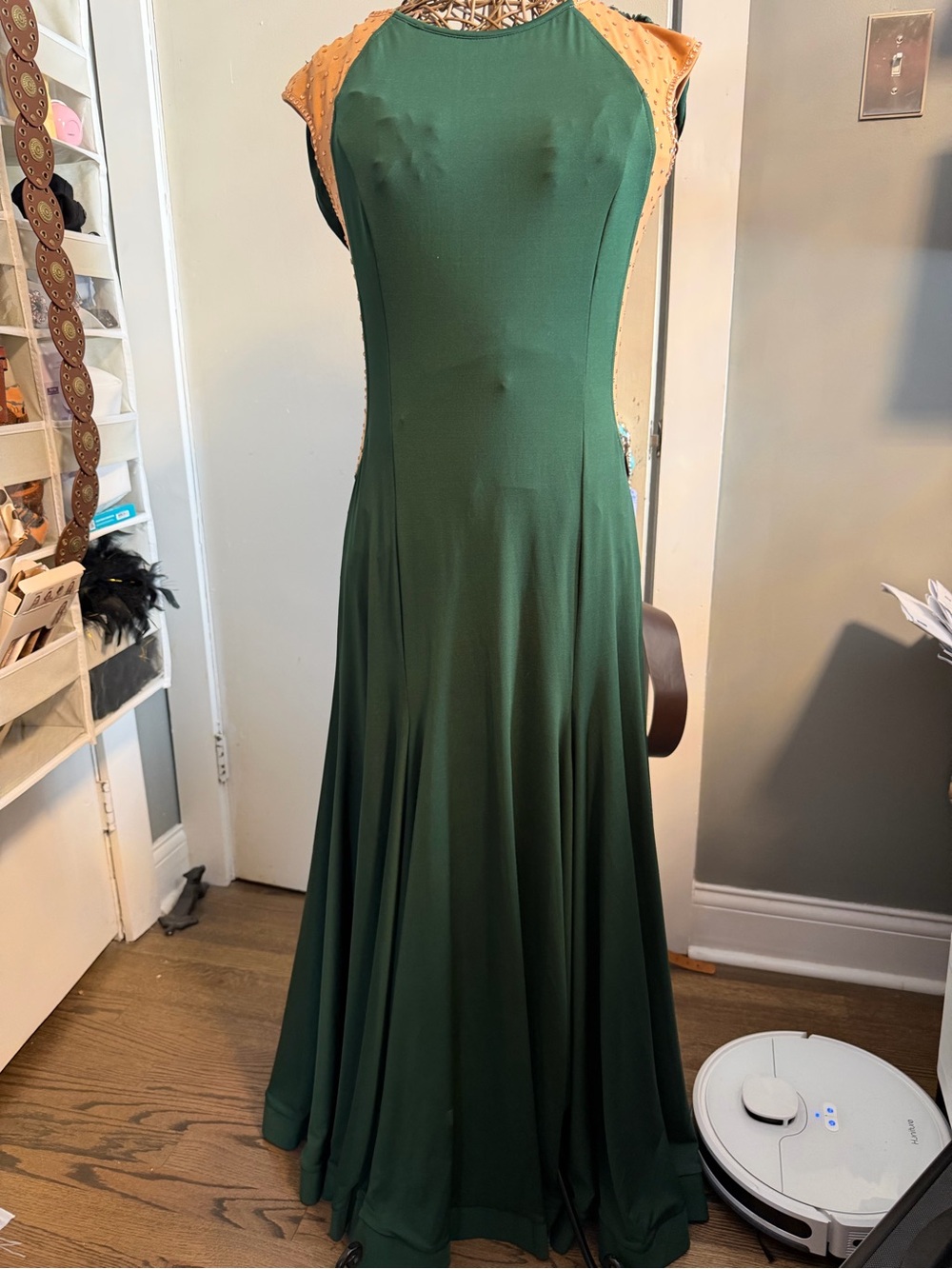 Elegant Forest Green ballroom smooth/ standard Dress with rose gold rhinestones